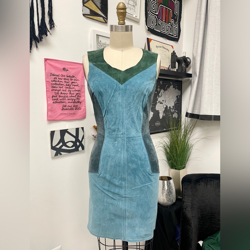 GENUINE LEATHER NWT suede paneled sleeveless blue/green dress